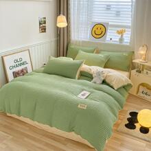 4入組套貼花細節泡泡紗被套，1入組被套和1入組床單和2入組枕芯，不含枕芯，綠色滌綸床上用品套裝，適用於臥室 - 綠色 - 查看 2