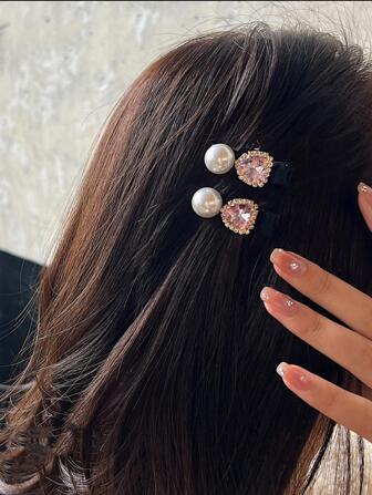 Royal 2pcs Women Rhinestone Heart & Faux Pearl Decor Fashionable Alligator Hair Clip For Hair Decoration