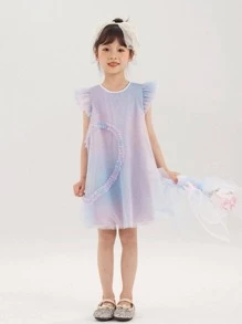 小女童漸層荷葉邊網紗覆蓋洋裝 - 彩色 - 查看 1