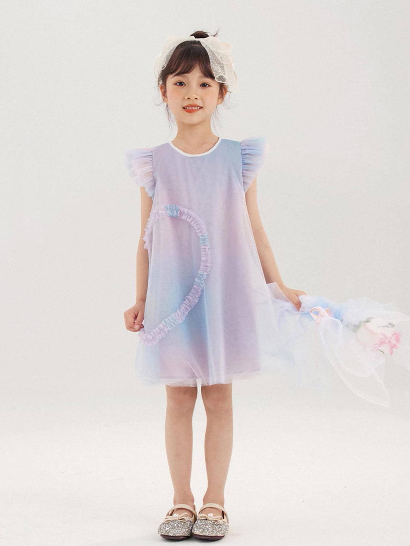 小女童漸層荷葉邊網紗覆蓋洋裝 - 彩色 - 查看 1