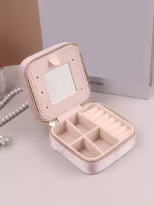 天鹅绒拉链珠宝盒，便携式旅行珠宝盒，重返校园 - 粉色 - 查看 5