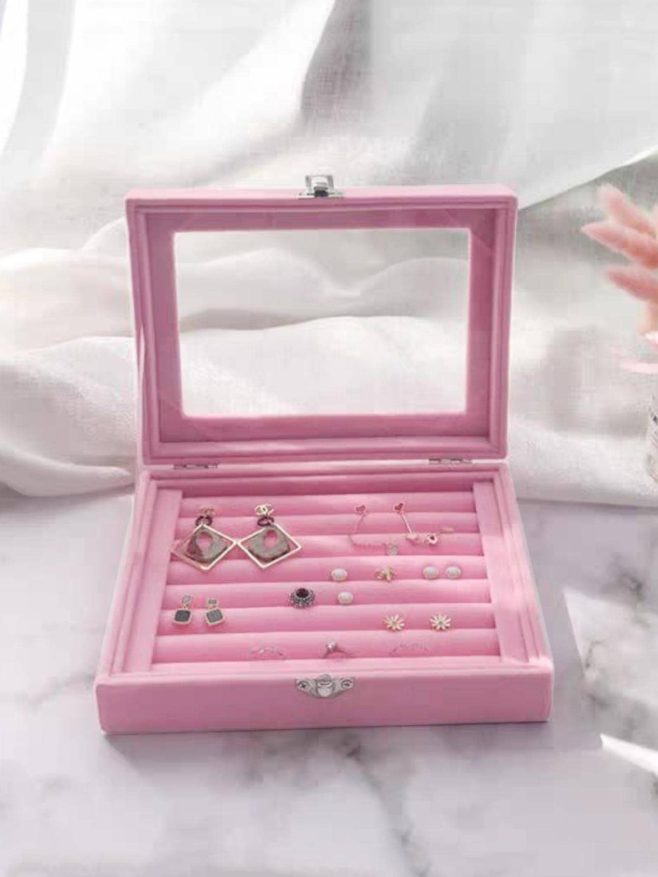 1入組多格首飾類收納簡約風粉色織物防塵首飾盒 - 粉色 - 查看 1