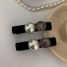 2 chiếc vòng tròn cho nữ & trang trí ngọc trai giả Kẹp tóc cá sấu thời trang để trang trí tóc - Đen và trắng - Xem 3