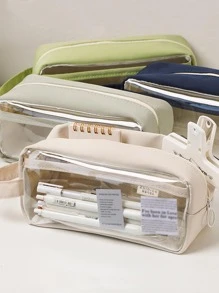 1pc Clear Panel Design Pencil Bag, Simple Pencil Bag For School Student - White - View 4