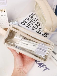 1pc Clear Panel Design Pencil Bag, Simple Pencil Bag For School Student - White - View 5