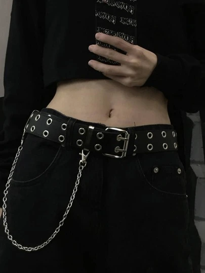 Cinturón cuadrado con decoración de ojetes y cadena de estilo steampunk callejero para jeans y pantalones, ideal para Halloween, verano, escuela, otoño y Halloween