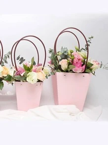 1pc Plain Gift Bag, Simple Double Handle Waterproof Flower Bag For Party, Holiday - Pink - View 1