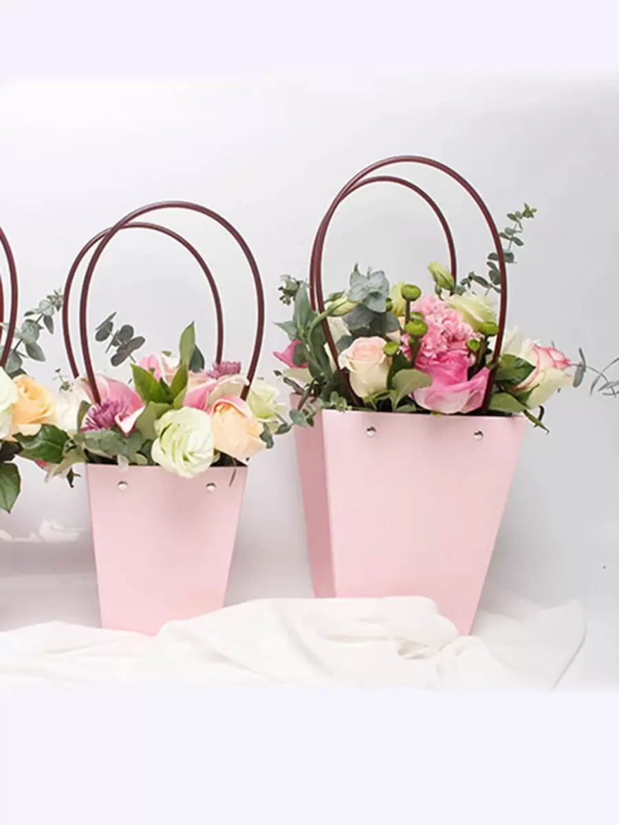 1pc Plain Gift Bag, Simple Double Handle Waterproof Flower Bag For Party, Holiday - Pink - View 1