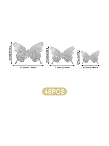 96pcs/48pcs Glitter Silver 3D Butterfly Wall Sticker, Stickers, Wall Decal, Vinyl Decal For Home Decorations, Spring Decoration Items Refresh Your Home, Rama Decoration Stickers - Silver - View 5