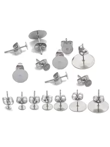 100 Sets/Pack Stainless Steel Flatback Ear Pin Set Flatback Ear Studs Holder With Stainless Steel Ear Clog Hypoallergenic DIY Earrings - Silver Gray - View 4