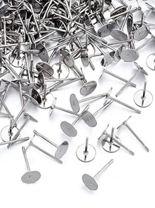 100 Sets/Pack Stainless Steel Flatback Ear Pin Set Flatback Ear Studs Holder With Stainless Steel Ear Clog Hypoallergenic DIY Earrings - Silver Gray - View 6