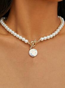 Faux Pearl Beaded OT Buckle Necklace - White - View 1