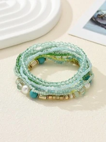 10入組/套波西米亞人造珍珠裝飾串珠手鏈適合女士適用於度假 - 綠色 - 查看 1