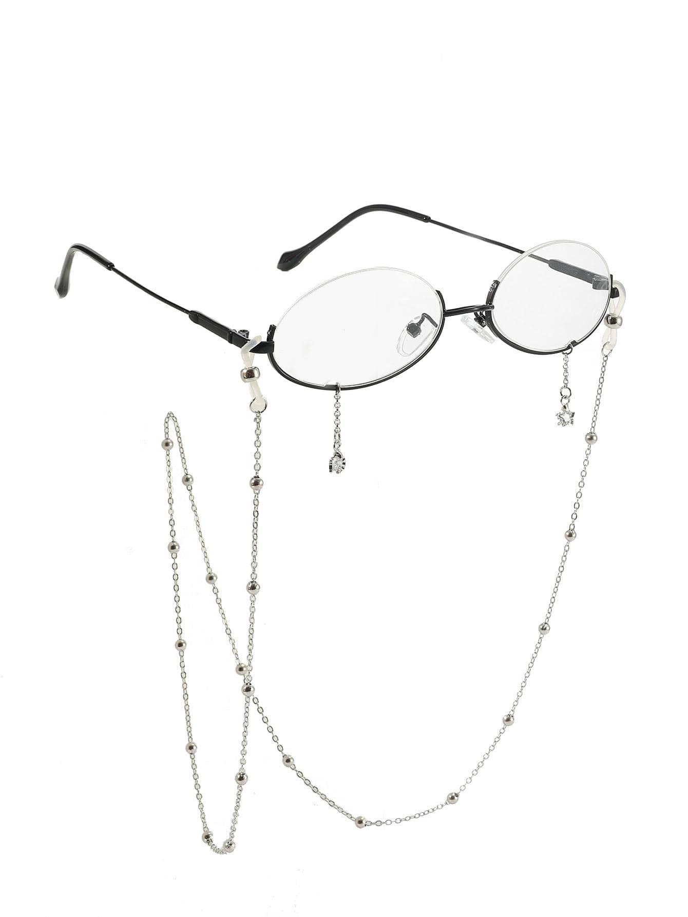 Lentes ovaladas de moda Browline para mujer con cadena de gafas para la vida diaria - Negro - Ver 1