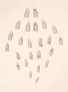 24pcs Coffin Shaped Ombre Pearly White Nail Art With Glitter & Rhinestones, Includes 1pc Nail File Press On Nails