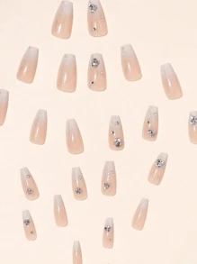 24pcs Coffin Shaped Ombre Pearly White Nail Art With Glitter & Rhinestones, Includes 1pc Nail File Press On Nails