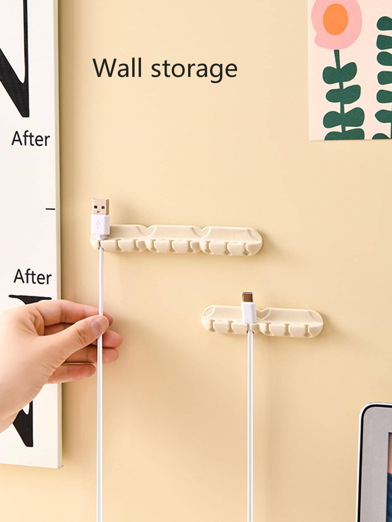 1pc USB Data Cable Storage Rack, Simple Solid Desktop Self-adhesive Mobile Phone Charger Cable Clamp For Home, Office - Beige - View 1