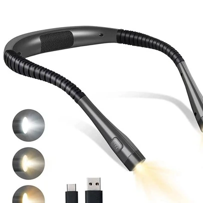 1入組LED頸掛讀書燈3種顏色6種亮度可調的書燈，可彎曲的手臂，在床上閱讀、針織、露營、修補等都非常適用