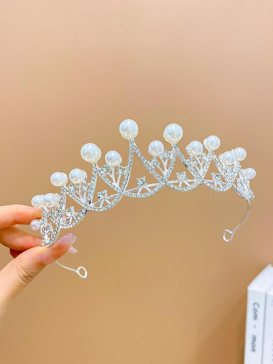 1入組女孩水鑽和人造珍珠王冠設計魅力四射髮箍適用於頭髮裝飾用品 - 白色 - 查看 1