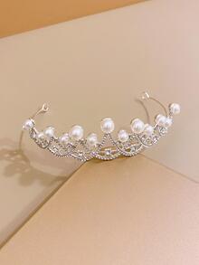 1入組女孩水鑽和人造珍珠王冠設計魅力四射髮箍適用於頭髮裝飾用品 - 白色 - 查看 6
