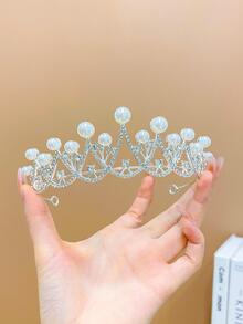 1入組女孩水鑽和人造珍珠王冠設計魅力四射髮箍適用於頭髮裝飾用品 - 白色 - 查看 3