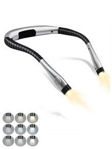 1 pieza Luz LED de lectura de cuello con 3 colores y 6 niveles de brillo, luz de libro recargable para leer en la cama, brazos flexibles para tejer, camping y reparaciones. - Plateado - Ver 3