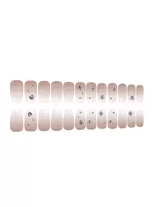 24pcs Coffin Shaped Ombre Pearly White Nail Art With Glitter & Rhinestones, Includes 1pc Nail File Press On Nails