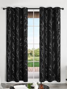 2 Panels Blackout Bedroom Curtains, Thermal Insulated Light Blocking Living Room Curtains, Silver Tree Branches Twigs Pattern  Print Window Drapes For Home, Kitchen, Nursery, Office, Guest Room - 黑色 - 查看 1