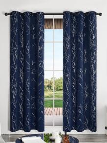 2 Panels Blackout Bedroom Curtains, Thermal Insulated Light Blocking Living Room Curtains, Silver Tree Branches Twigs Pattern  Print Window Drapes For Home, Kitchen, Nursery, Office, Guest Room - 藏蓝色 - 查看 1