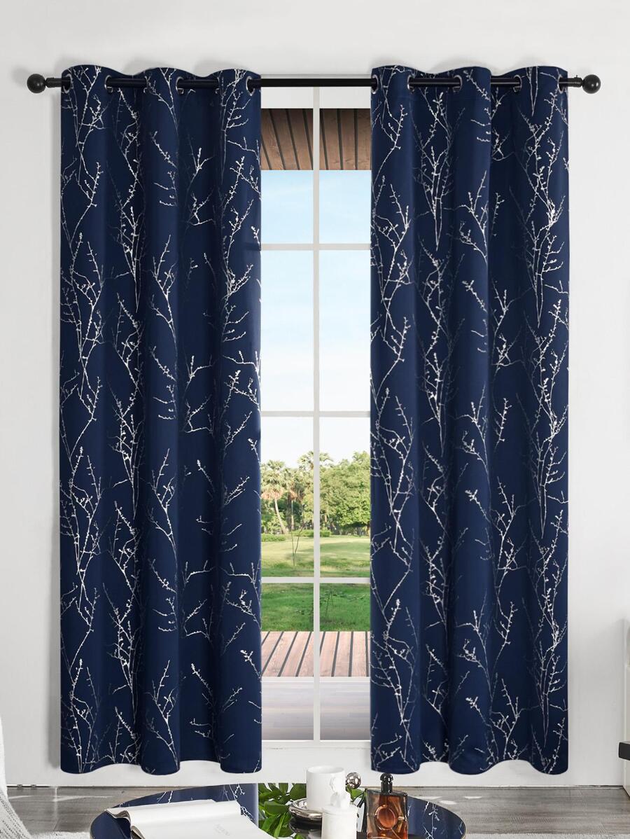 2 Panels Blackout Bedroom Curtains, Thermal Insulated Light Blocking Living Room Curtains, Silver Tree Branches Twigs Pattern Print Window Drapes For Home, Kitchen, Nursery, Office, Guest Room - 藏蓝色 - 查看 1