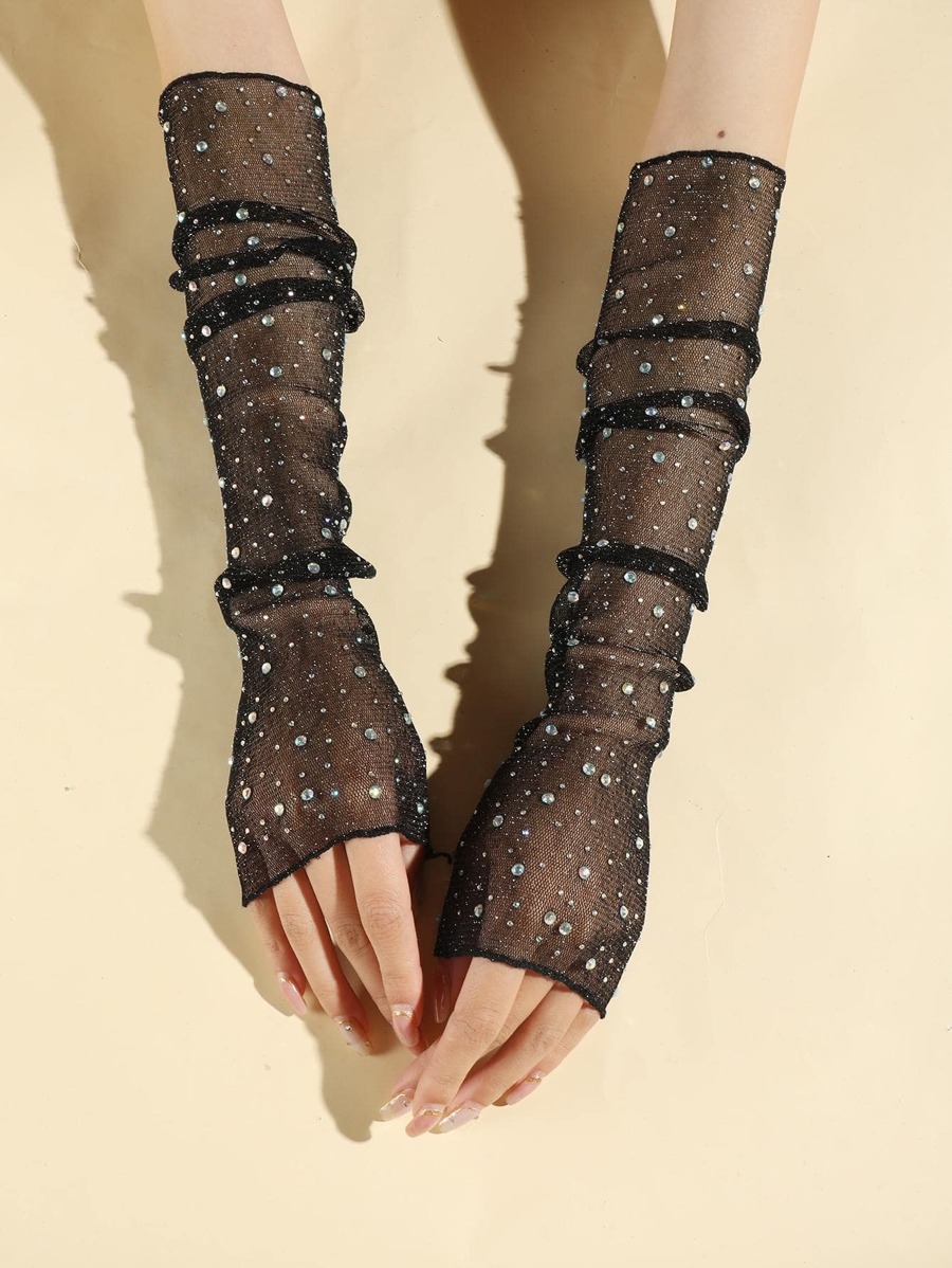 1pair Women Rhinestone Decor Fashion Arm Sleeves For Daily Life - Black - View 1