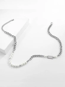 1 Tinh Tế Ngọc Trai Giả Trang Trí Dây Chuyền Vòng Cổ Nam Cho Trang Trí Hàng Ngày Màu Bạc Sắt Thời Trang Punk Cho Vẻ Ngoài Phong Cách - Bạc - Xem 2