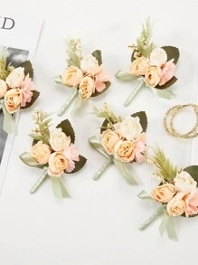 Hombres 6 piezas Boutonniere con diseño de flor romántico para boda - Champán - Ver 1