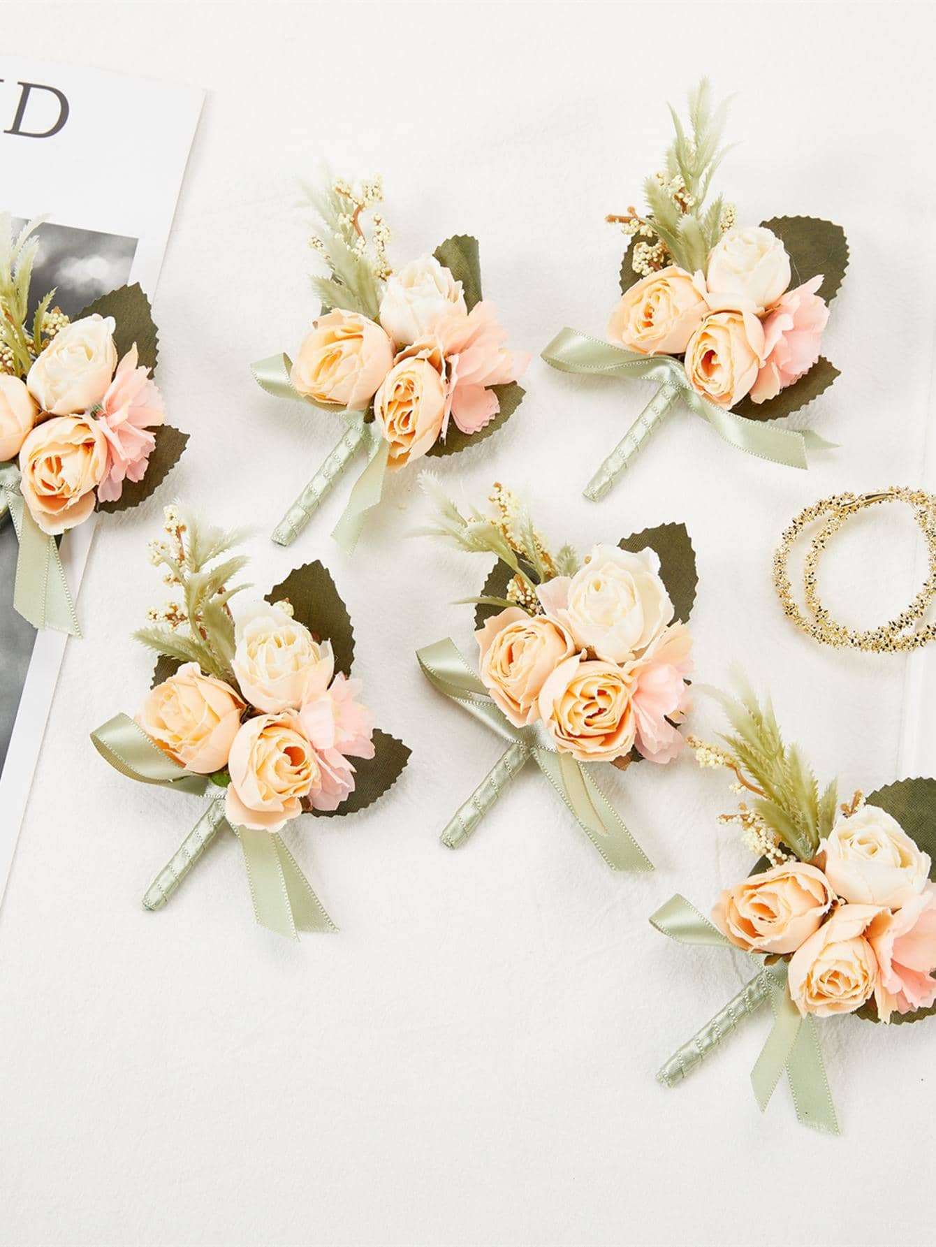 Hombres 6 piezas Boutonniere con diseño de flor romántico para boda - Champán - Ver 1