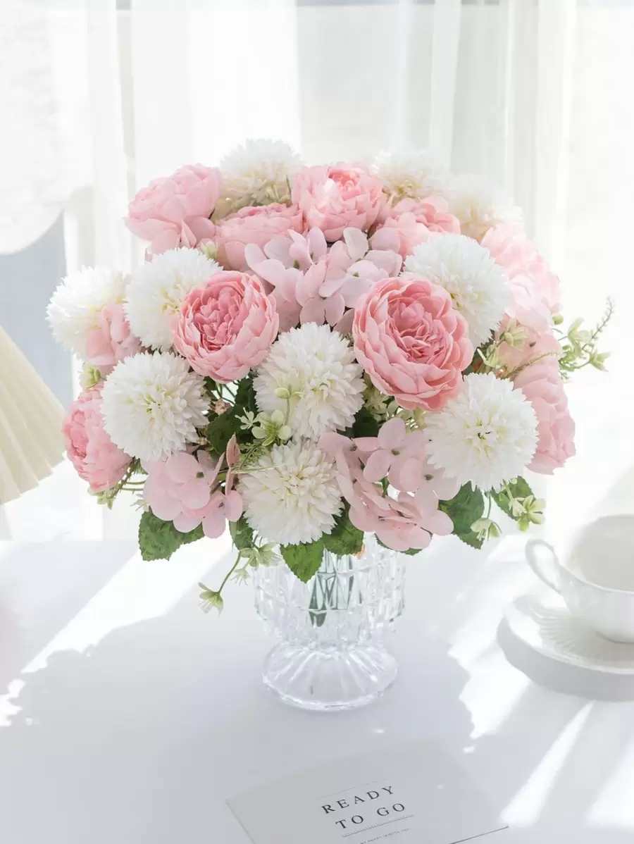 1束大型人造牡丹花束，婚礼装饰DIY花环材料，新娘捧花，腕花，胸花，头饰配饰，婚车装饰，拱门装饰，家居/餐厅/卧室花瓶装饰，生日派对装饰，情人节和新年礼物，毕业礼物 - 粉色 - 查看 1