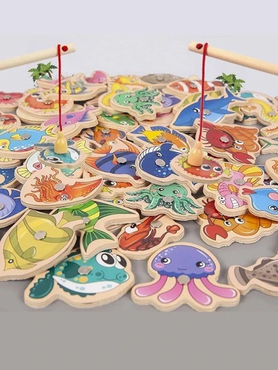 1套木製互動遊戲、創意魚和水母設計兒童玩具