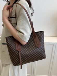 幾何圖案方形手提包，棕色優雅適用於工作 - 彩色 - 查看 6