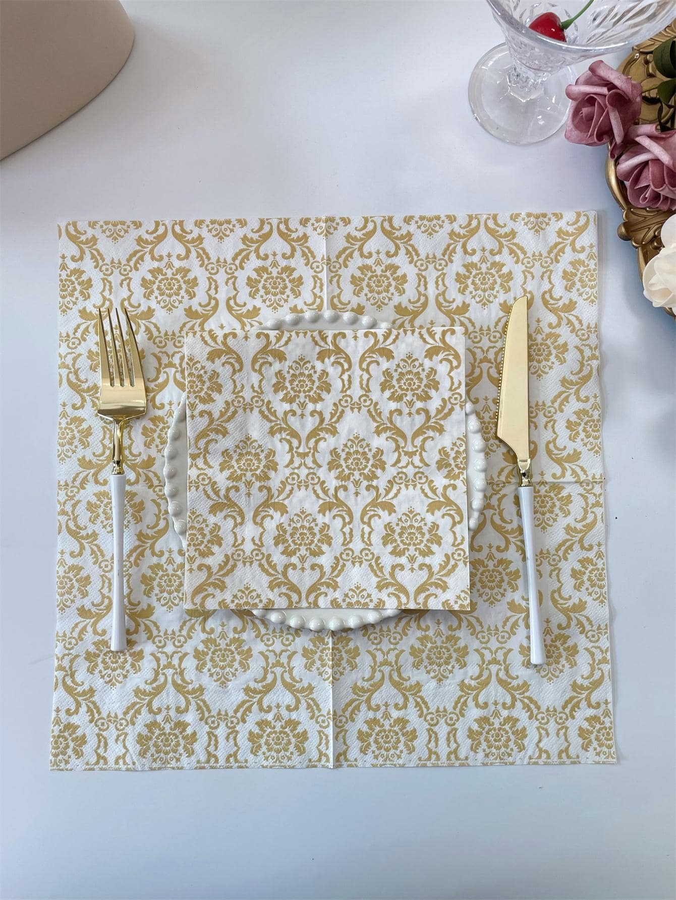 20pcs Paper Disposable Napkin, Vintage Flower Pattern Paper Dinner Napkin For Party - Gold - View 1