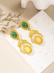 1對復古鋅合金橢圓石頭裝飾懸垂耳環適合女士適用於日常生活 - 彩色 - 查看 4