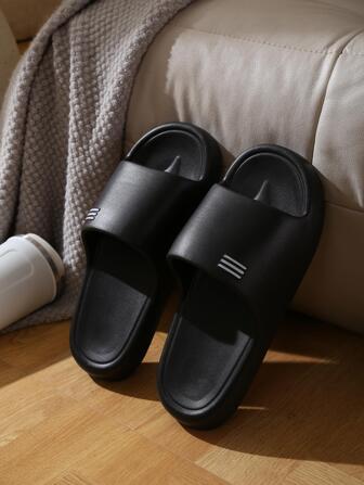 Cool Black Slippers For Men, Striped Pattern Single Band EVA Slides