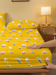 1pc Flower Pattern Fitted Sheet, Modern Fabric Fitted Bottom Sheet For Bedroom - Multicolor - View 2