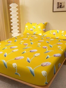 1pc Flower Pattern Fitted Sheet, Modern Fabric Fitted Bottom Sheet For Bedroom - Multicolor - View 3