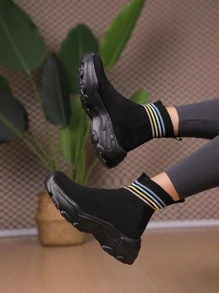 運動黑色運動鞋適用於女士條紋圖案一腳蹬襪型運動鞋 - 黑色 - 查看 1