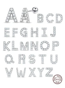 SYMFNY 1對時尚純銀方晶鋯石字母裝飾耳釘適合女士日常裝飾 - 銀色 - 查看 3