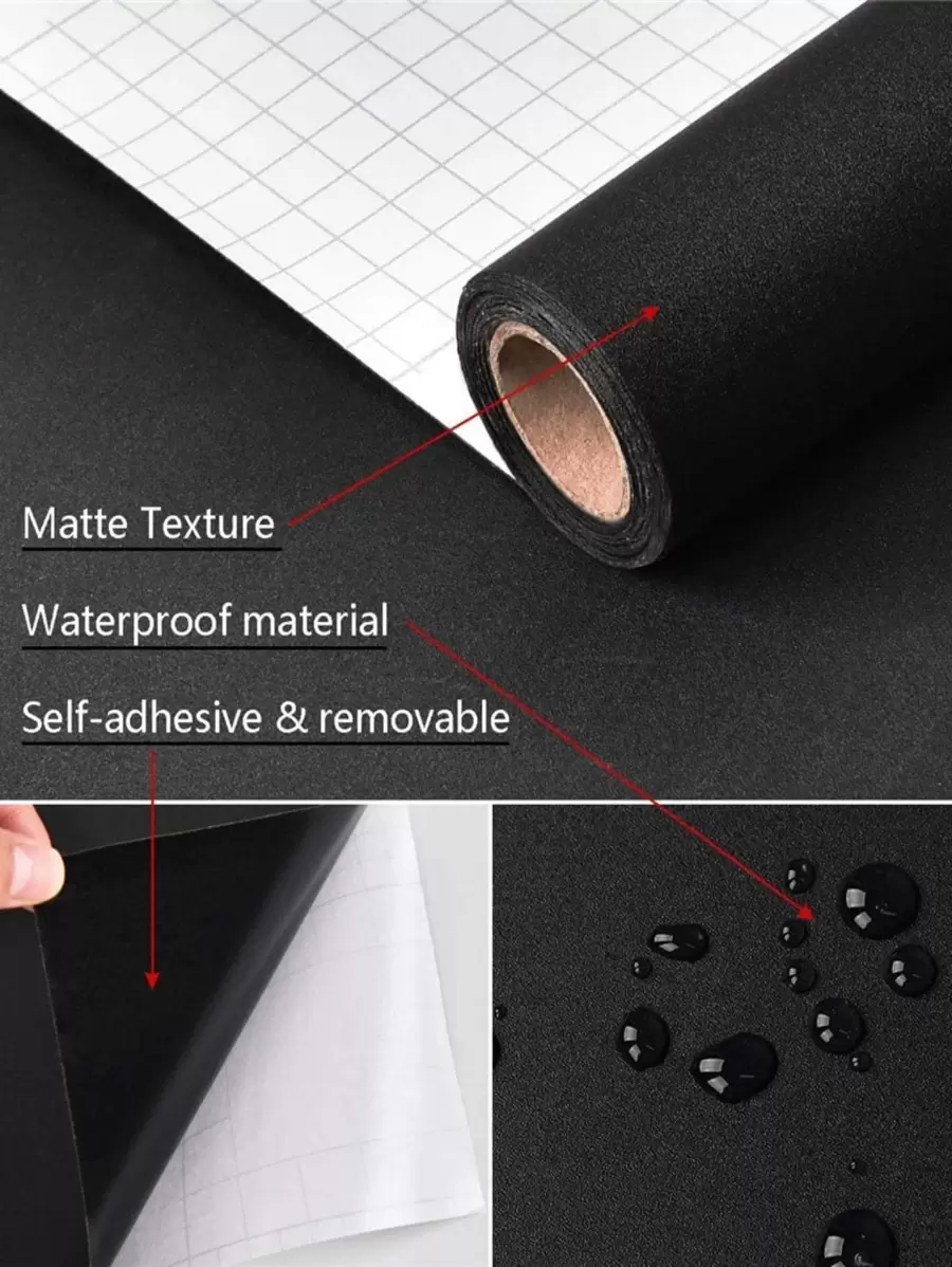 1 Roll Of Removable Matte Black Wallpaper, Self-Adhesive Vinyl Contact Paper, Waterproof, Ideal For Wall And Furniture Coverings - Black - View 1