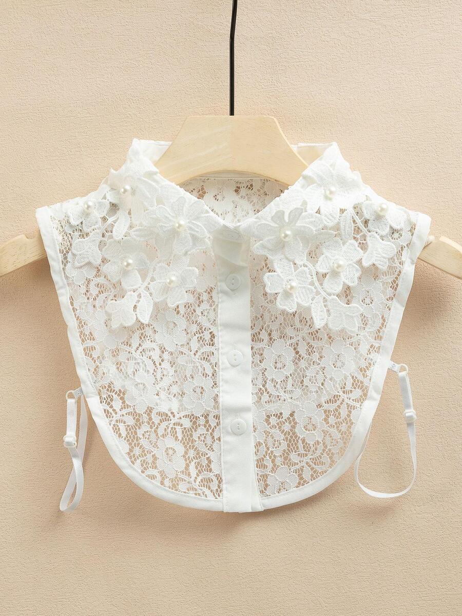 1入組女式花卉刺繡人造珍珠裝飾蕾絲優雅圓領，用於禮服裝飾 - 白色 - 查看 1