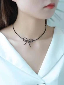 時尚蝴蝶結裝飾串珠項鏈適合女士日常裝飾 - 黑色 - 查看 1