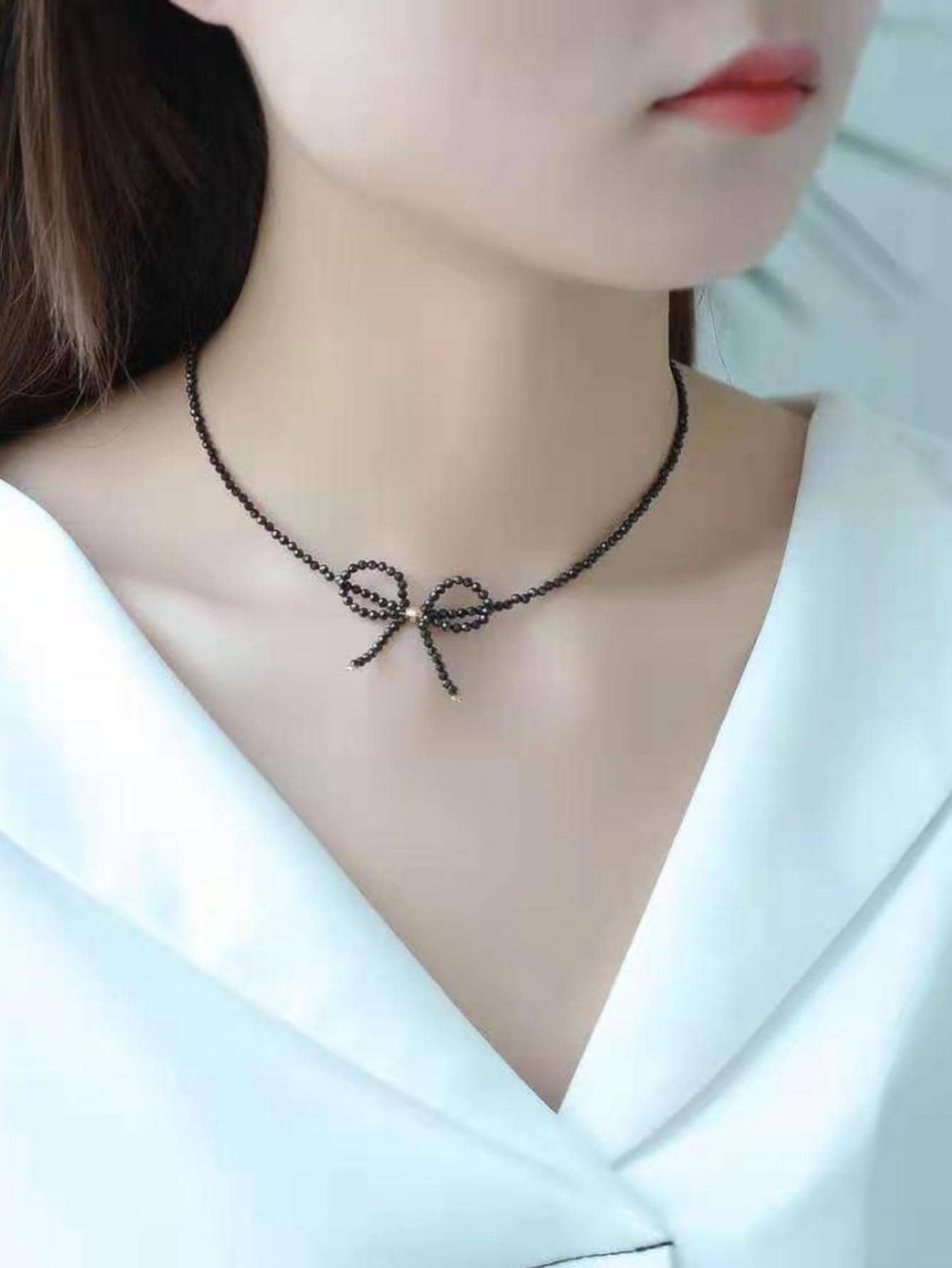 時尚蝴蝶結裝飾串珠項鏈適合女士日常裝飾 - 黑色 - 查看 1