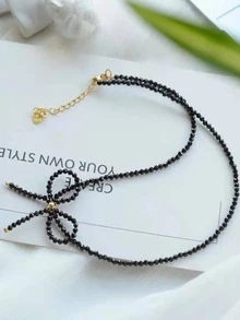 時尚蝴蝶結裝飾串珠項鏈適合女士日常裝飾 - 黑色 - 查看 2