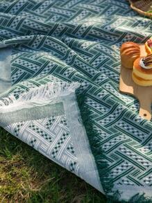 1pc Geometric Pattern Fringe Trim Picnic Mat, Modern Polyester Picnic Blanket For Outdoor - Multicolor - View 1